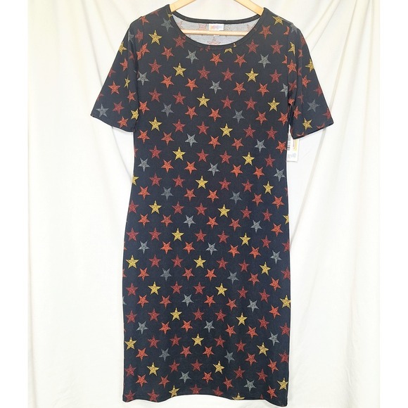 LuLaRoe Dresses & Skirts - LuLaRoe Size L Black Dress Red Blue Gold Stars Soft Stretch Patriotic Large NWT